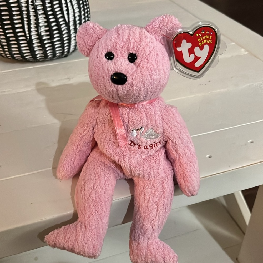 TY Beanie Baby “Baby Girl”  pink with a white stork with red words “Its a girl”